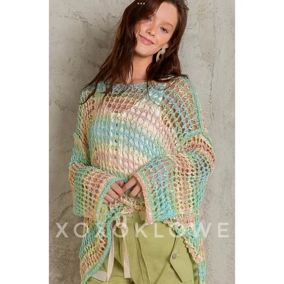 POL Tropical Striped Open Crochet Sweater Oversized - Picture 8 of 10